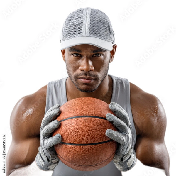 Fototapeta Intense Male Basketball Player Holding Ball with Focused Expression in Gray Sports Wear and Cap Isolated on White Background