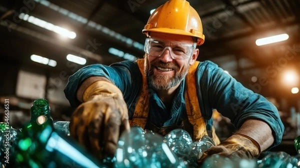 Fototapeta A cheerful worker wearing a safety helmet and goggles smiles while sorting glass bottles in an industrial recycling facility, emphasizing teamwork and eco-conservation.