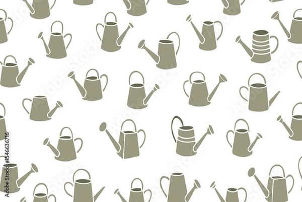 Fototapeta Seamless pattern of green watering cans in flat style. Agriculture and green ecology concept. Hand drawn watering can collection. Isolated on white background. Vector. 
