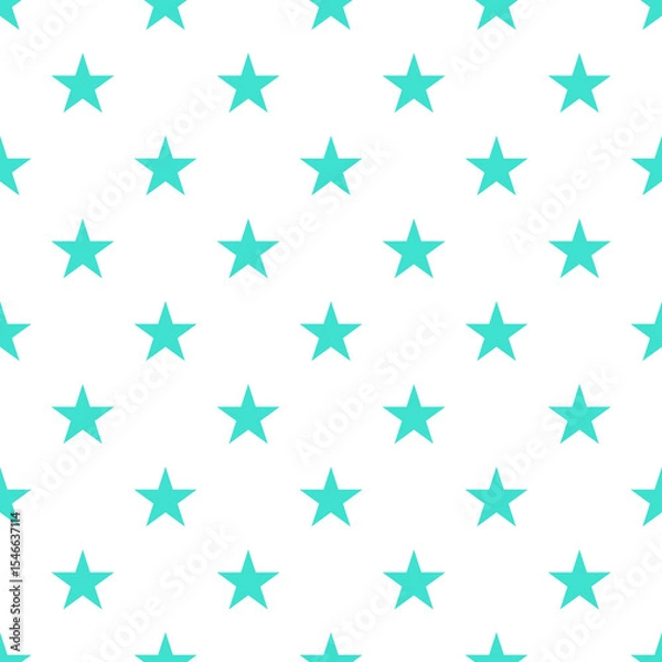 Fototapeta Turquoise stars seamless pattern on white background in bright blue-green grid