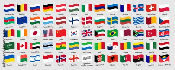 Obraz World country flags icon set. Collection of world country flags in waving style. Waving national flags Collection for International and global concepts. Vector illustration.
