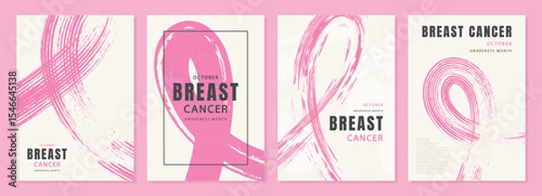 Obraz Set of Breast Cancer Awareness Month October poster designs with pink ribbon symbol in brush stroke style, minimalistic graphic layouts for health campaigns, medical support, prevention, and
