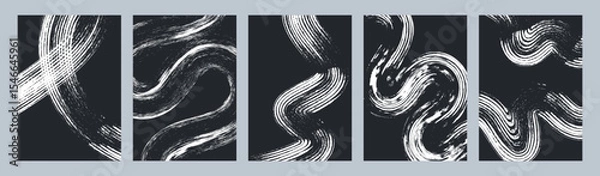 Obraz Set of abstract dynamic white brush stroke textures on dark backgrounds for modern design backdrops and social media story templates. Vector illustration