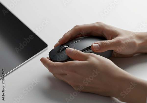 Fototapeta ultra-realistic close-up of a person's hands holding a digital Wireless Mouse in landscape mode, no face visible, tablet screen glowing, isolated on white background	