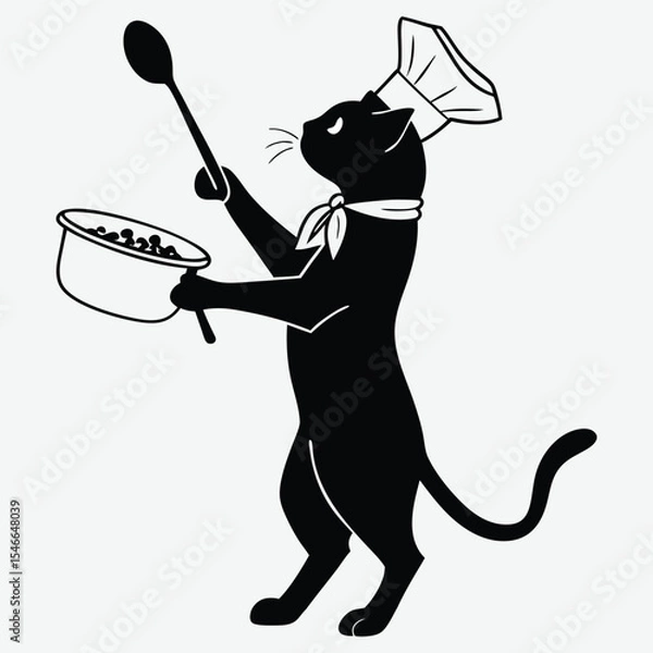 Fototapeta Funny black cat cooking biryani with a ladle in a pot illustration image silhouette design vector art and illustration
