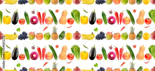 Fototapeta Beautiful seamless pattern vegetables, fruits isolated on white