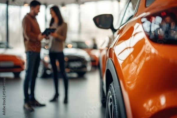 Fototapeta Car dealer discussing contract with client customer in a showroom. Salesman showing selling cars to a couple at the dealership. Sales manager helping to choose a new car. Congratulations for buying