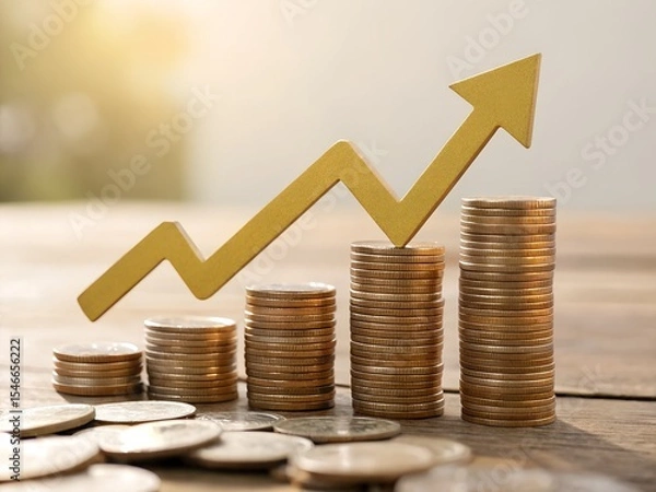 Obraz Golden arrow pointing upward above stacks of coins showing financial growth