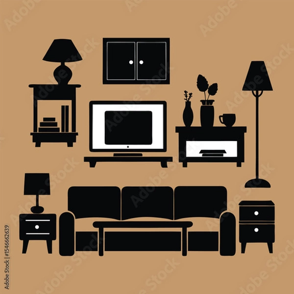 Fototapeta Silhouette home interior design with modern furniture sofa table and lamp in bold black vector
