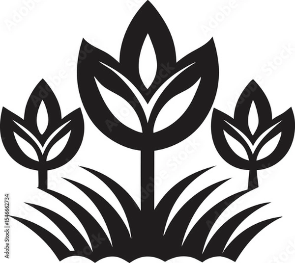 Fototapeta Modern floral vector icon with abstract black plant shapes and symmetrical botanical design style