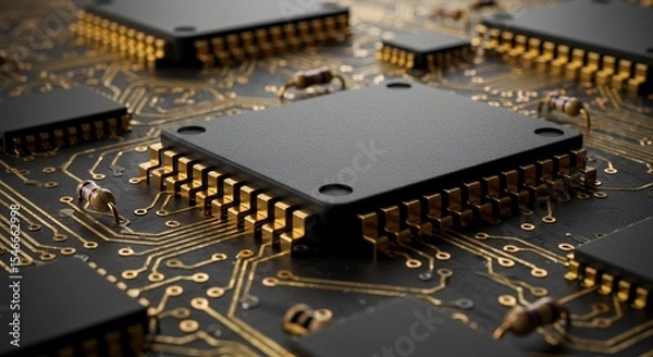 Fototapeta Close-up of Microchips on Circuit Board: High-Tech Electronics