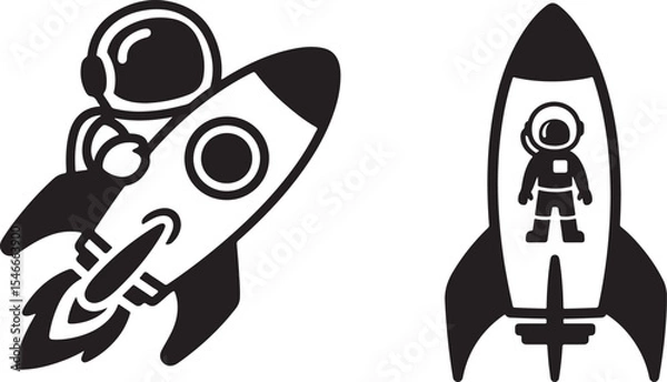 Fototapeta A stylized, black and white graphic of an astronaut riding a rocket, set against a white background.