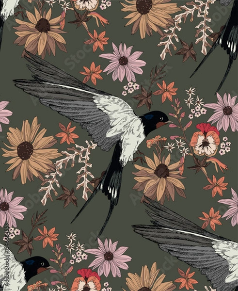 Obraz Flowers and leaves with swallows in vintage style, seamless pattern