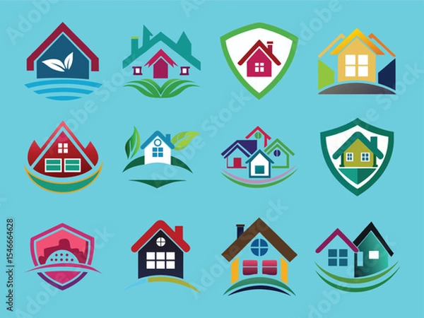 Fototapeta Smart home security icon pack with tech house badge in colorful flat modern vector style graphics