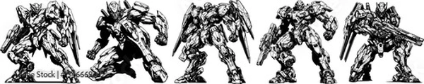 Fototapeta collection of futuristic mecha robot line art, ideal for game concept or illustration use