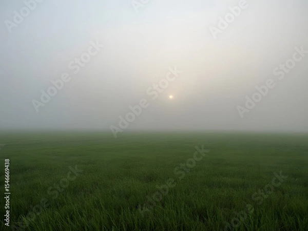 Fototapeta Mist-kissed Meadow: A serene and evocative capture of a verdant meadow blanketed in a soft, ethereal mist, with the sun's gentle glow barely visible.
