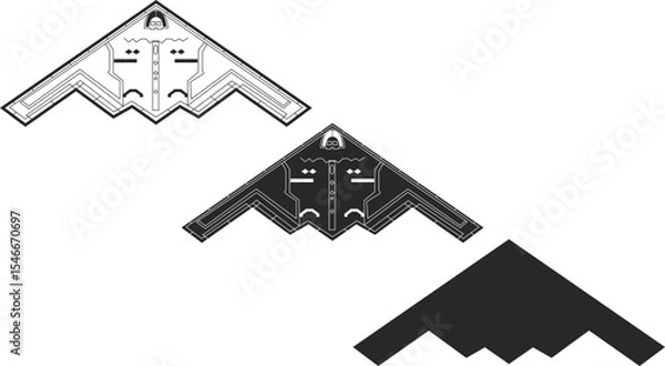 Fototapeta Set of Northrop B-2 Spirit fighter jets, strategic bomber, iconic representative of the US Air Force, line isolation and silhouette in black.