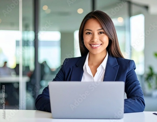 Obraz portrait of a smiling businesswoman working in a office