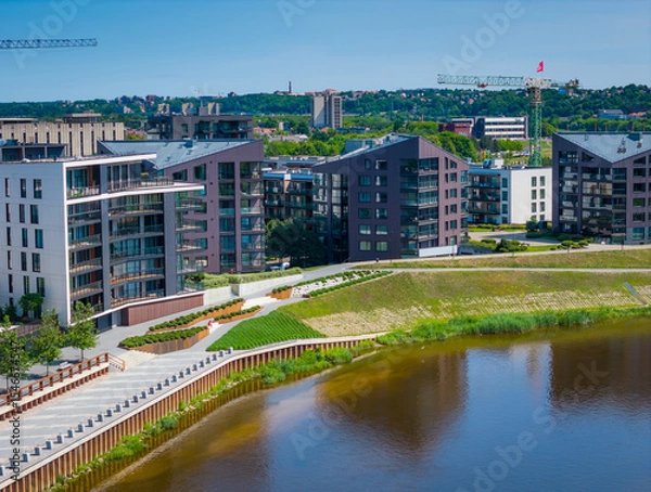 Obraz New modern residential building district Piliamiestis in Kaunas with modern facades. Aerial drone view photo.