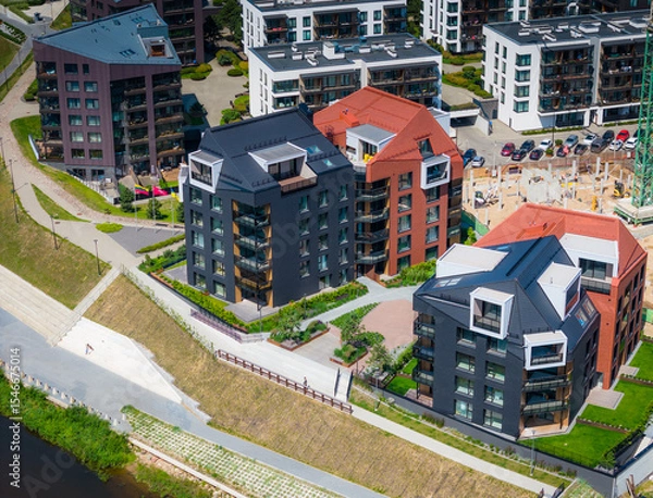 Obraz New modern residential building district Piliamiestis in Kaunas with modern facades. Aerial drone view photo.