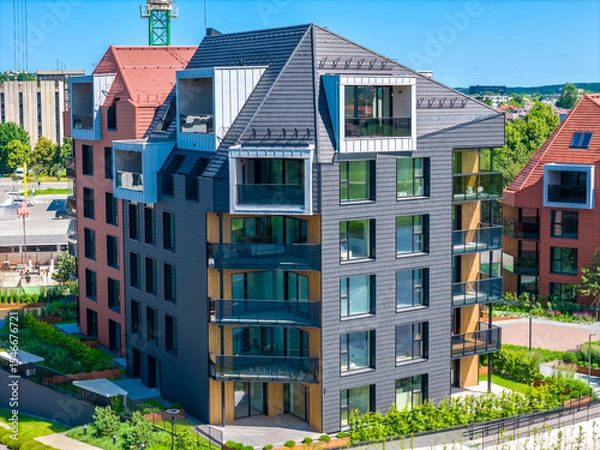 Obraz New modern residential building district Piliamiestis in Kaunas with modern facades. Aerial drone view photo.