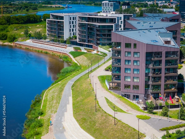 Obraz New modern residential building district Piliamiestis in Kaunas with modern facades. Aerial drone view photo.
