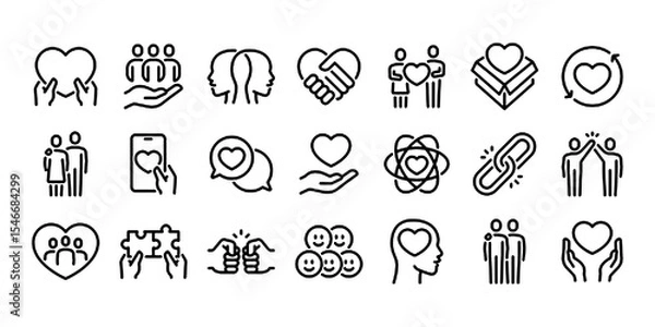 Obraz Love, friendship, care and charity concept editable stroke outline icons set isolated on white background flat vector illustration.