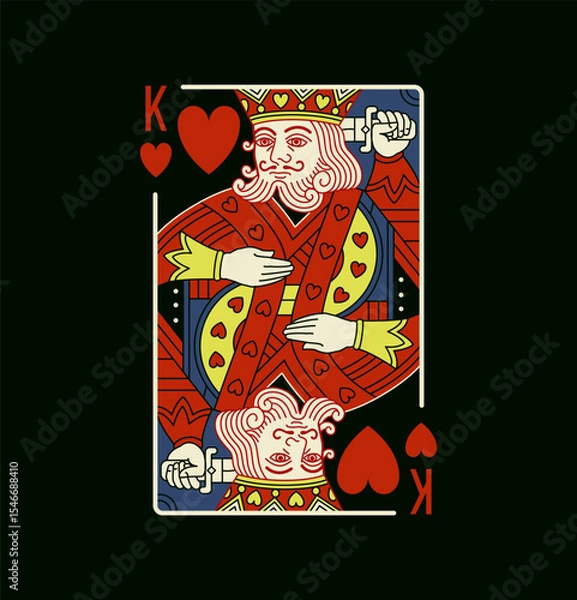Fototapeta King character, Hearts suit playing card in vintage Black design, editable stroke line, vector colorful isolated illustration.