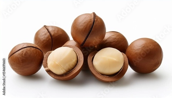 Fototapeta raw macadamia nuts with smooth pale cream shells grouped together isolated on a pure white background