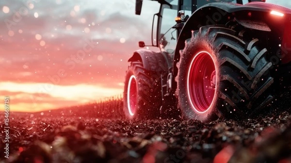 Fototapeta A close view of a tractor's large tires churning up soil against a stunning sunset, capturing the essence of hard work in farming and the beauty of rural landscapes.
