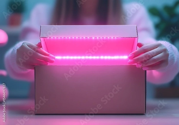 Obraz Unboxing Mockup Glowing Pink LED Box Reveal