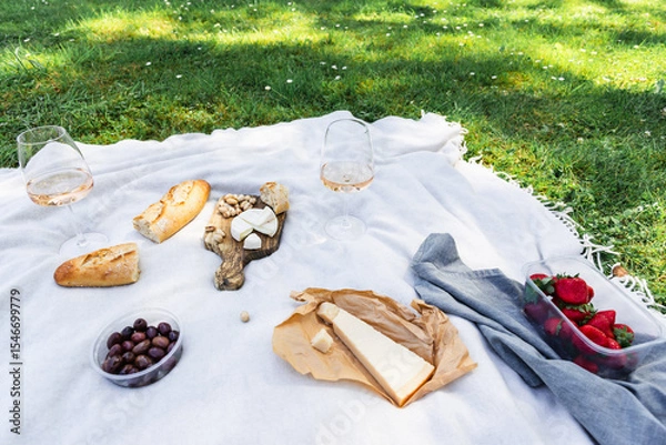 Fototapeta Two glasses of rose wine with snacks on a blanket on the grass in the park. Summer picnic. Alcohol. Public places.