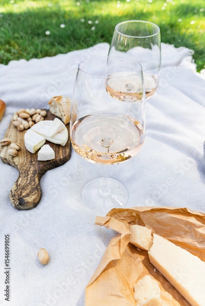 Fototapeta Two glasses of rose wine with snacks on a blanket on the grass in the park. Summer picnic. Alcohol. Public places.