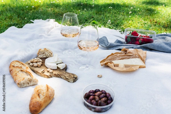 Fototapeta Two glasses of rose wine with snacks on a blanket on the grass in the park. Summer picnic. Alcohol. Public places.