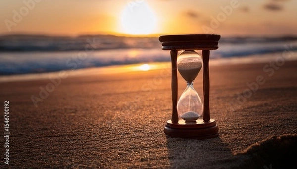 Fototapeta a delicate hourglass figurine with a sandy beach background and a fading sunset sky hourglass