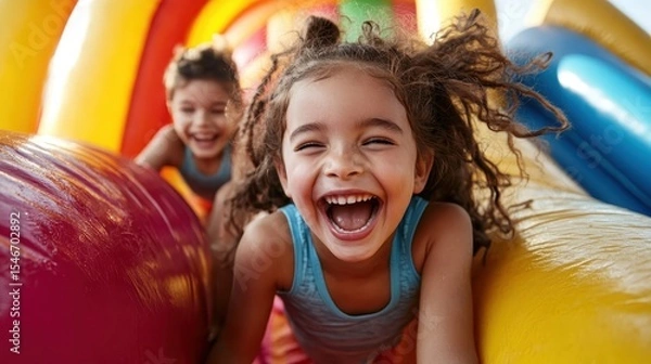 Fototapeta This vibrant image captures two joyful children playing and laughing on an inflatable slide, embodying the spirit of childhood fun and excitement in a colorful setting.