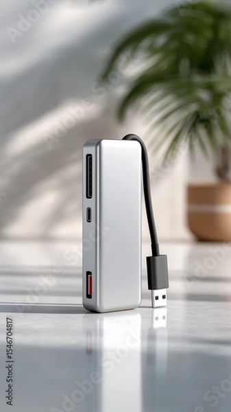 Obraz A silver usb hub with a black cable on a white surface with a plant in the background indoors