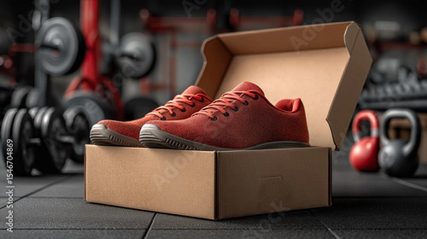 Obraz A pair of red athletic shoes sitting in a cardboard box in a gym with weights in the background