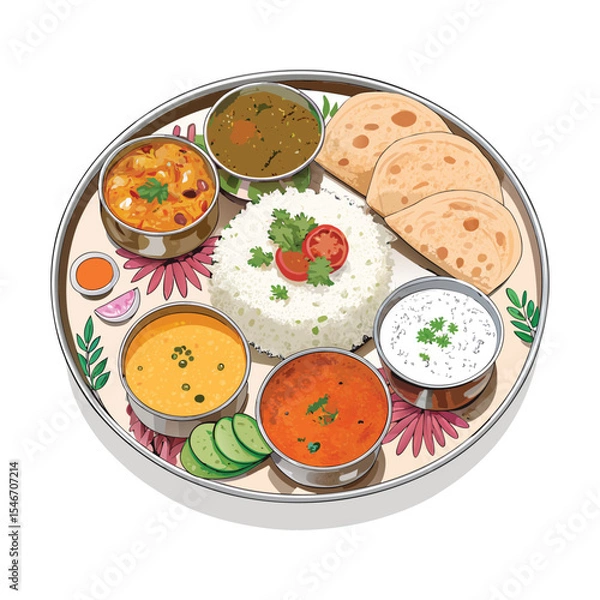 Fototapeta A flat illustration of a traditional Indian thali plate, featuring rice, curry, and roti, rendered in a simple and clean style, isolated on white.