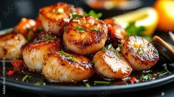 Fototapeta A stunning presentation of perfectly seared scallops garnished with herbs, showcasing exquisite culinary craftsmanship and the essence of gourmet dining.