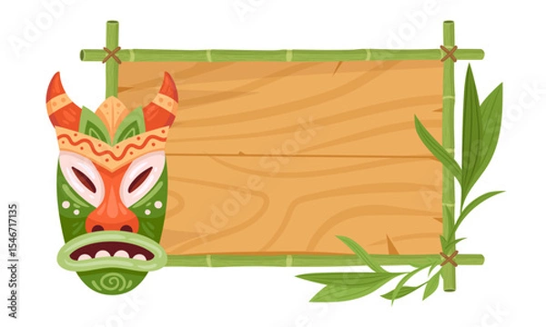 Fototapeta Bamboo frame with wooden tribal mask. Tiki totem bamboo frame flat vector illustration. Cartoon signboard with Hawaiian and African aboriginal totem