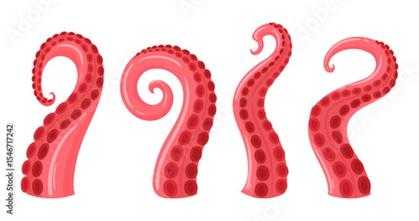 Fototapeta Cartoon squid tentacles. Marine octopus creature palpus, twisted limbs with suckers flat vector illustration set. Ocean octopus animal tentacles on white