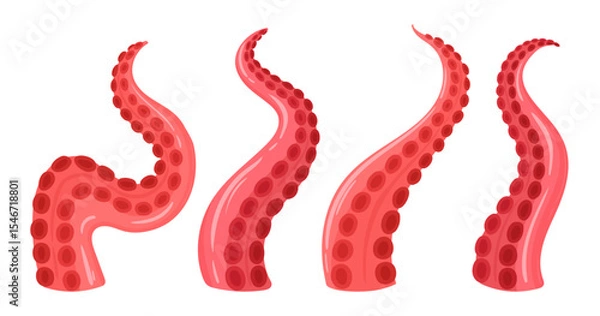 Fototapeta Squid tentacles. Cartoon ocean octopus creature palpus, twisted limbs with suckers flat vector illustration set. Marine octopus animal tentacles on white