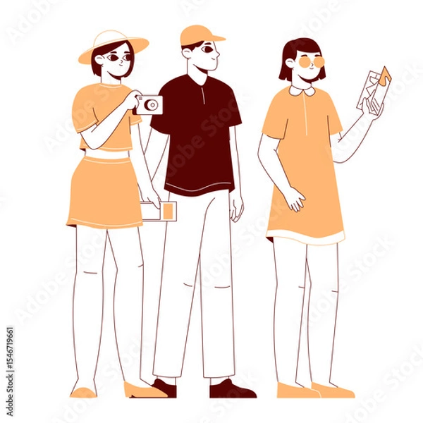 Fototapeta Tourist group. Male and female tourists with map, traveling people, tourists finding map location flat vector illustration. Travellers characters scene