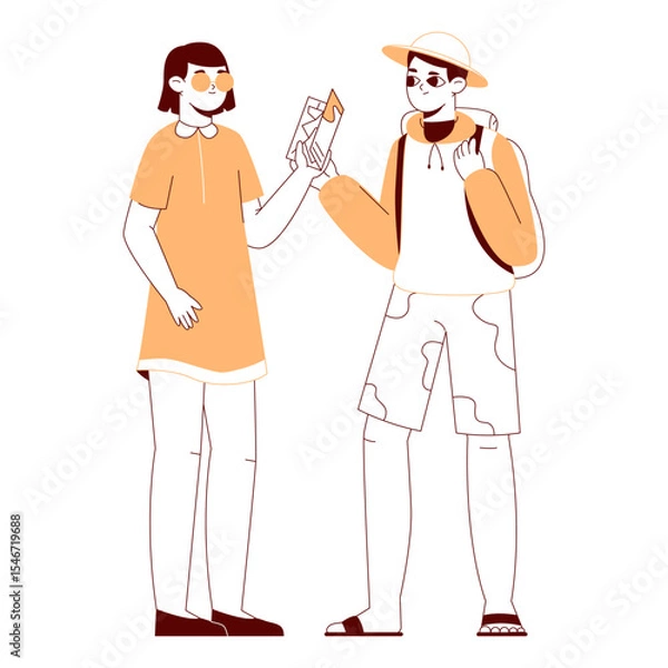 Fototapeta Travellers with map. Tourist characters couple, traveling people, tourists finding map location flat vector illustration. Male and female tourist scene