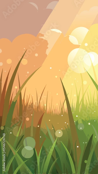 Fototapeta Abstract illustration of sunlight shining through grass and fluffy clouds with transparency