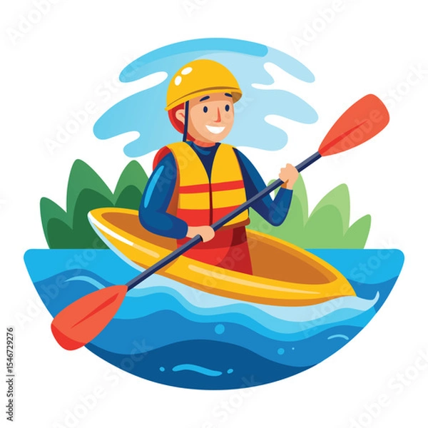 Fototapeta A person kayaking on the water with a paddle isolated on white background