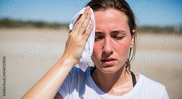 Fototapeta Sweaty woman wiping her forehead with a towel after a workout on a hot beach. Exhaustion and dehydration from exercising in the summer sun. Fitness and health concept