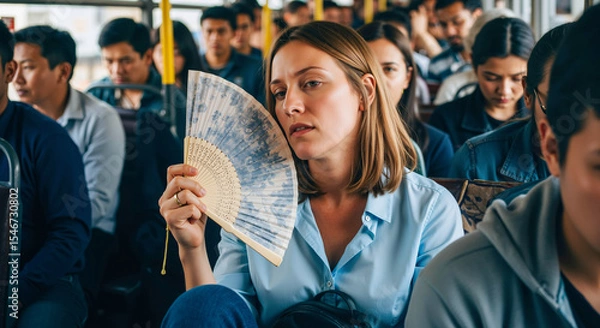 Fototapeta Tired woman in a blue shirt fanning herself on a crowded bus, feeling the heat. Daily commute challenges in summer and coping with high temperatures in public transport