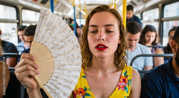 Fototapeta Young blonde woman fanning herself on a hot, crowded bus. Coping with the summer heat during a daily commute in uncomfortable public transport. Urban life struggles